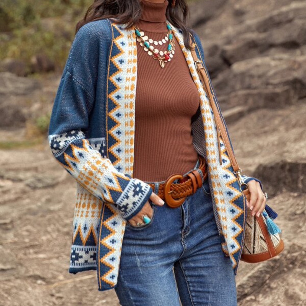 Blue Mustard Tribal Print Open Front Cardigan - Picture 6 of 6